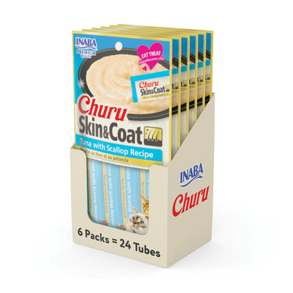 Churu Inaba Premios Cremosos para Gato, Control de Bolas de Pelo, 24 Tubos - Atún Skin & Coat - 24 Tubos