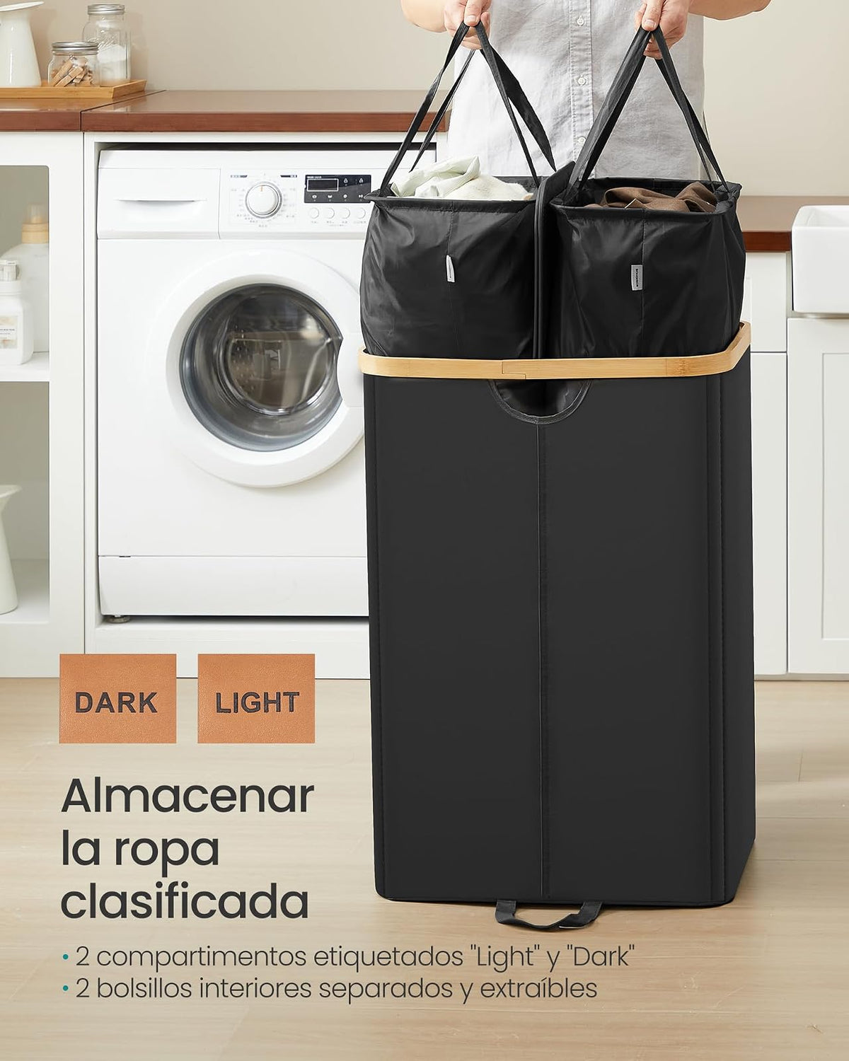 SONGMICS Cesto Ropa Sucia, 150 L, Cesta de Colada de 2 Compartimentos, para Lavadero, Dormitorio, Salón, Negro Tinta y Beige Natural MLCB523B01