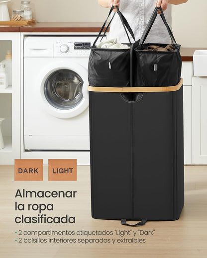 SONGMICS Cesto Ropa Sucia, 150 L, Cesta de Colada de 2 Compartimentos, para Lavadero, Dormitorio, Salón, Negro Tinta y Beige Natural MLCB523B01