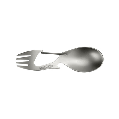 Kershaw Ration - Espátula Multiherramienta, Cuchara de Acero Inoxidable, Tenedor, mosquetón y abridor de Botellas, Longitud Regular y XL