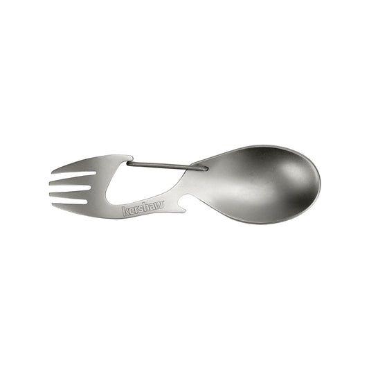 Kershaw Ration - Espátula Multiherramienta, Cuchara de Acero Inoxidable, Tenedor, mosquetón y abridor de Botellas, Longitud Regular y XL
