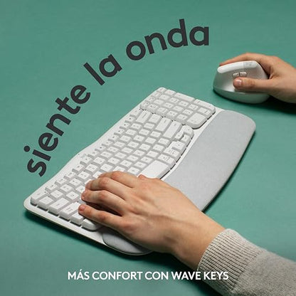 Logitech Wave Keys, Teclado ergonómico inalámbrico con reposamanos Acolchado, Escritura Confortable y Natural, Easy-Switch, Bluetooth, Logi Bolt, multisistema, Windows/Mac - Blanco