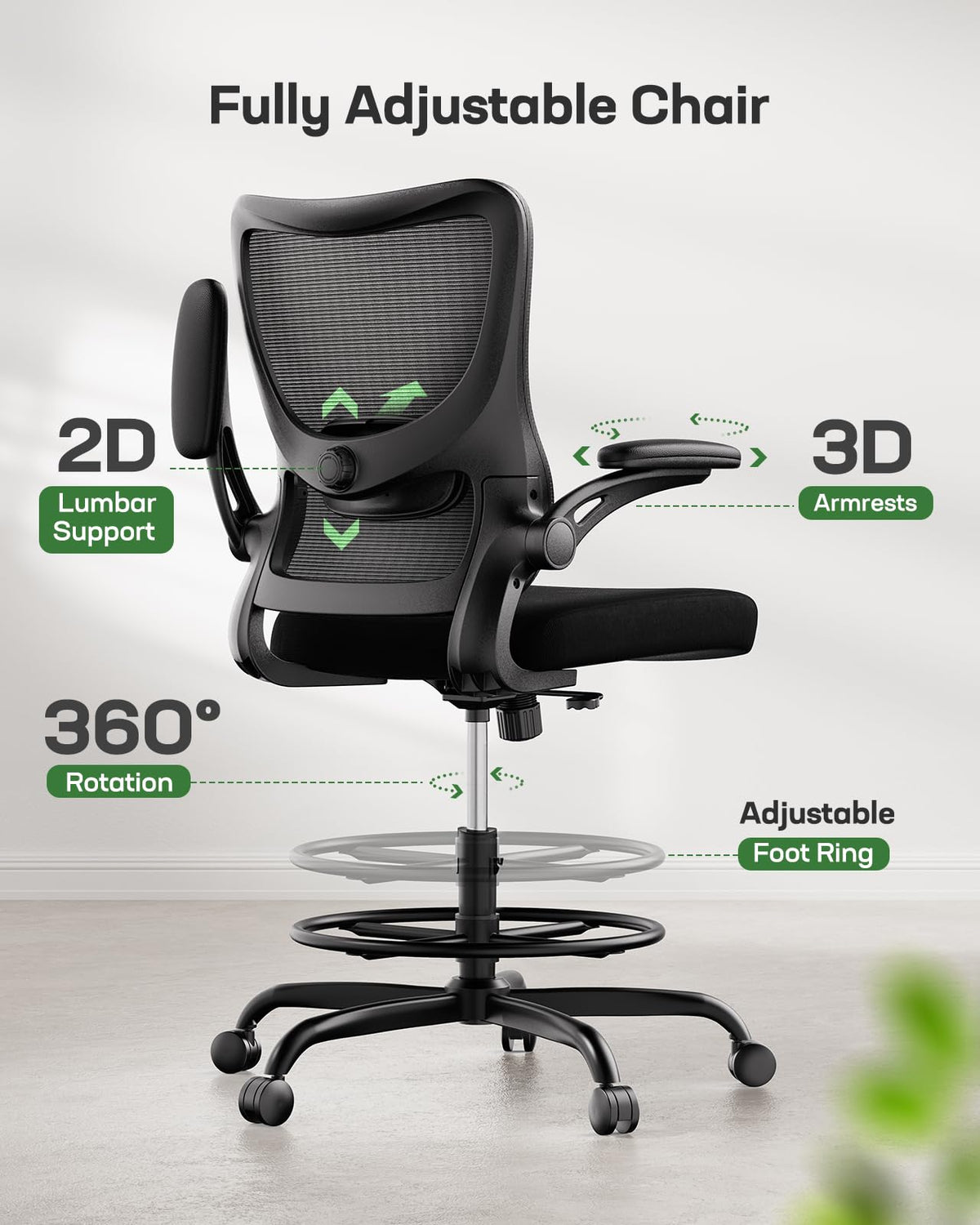 Marsail - Silla de Dibujo, Silla de Oficina Alta con Soporte Lumbar 2D, Silla de computadora de pie con reposabrazos abatibles Acolchados y Anillo de reposapiés Ajustable, Color Negro