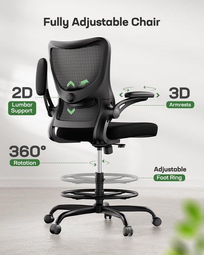 Marsail - Silla de Dibujo, Silla de Oficina Alta con Soporte Lumbar 2D, Silla de computadora de pie con reposabrazos abatibles Acolchados y Anillo de reposapiés Ajustable, Color Negro