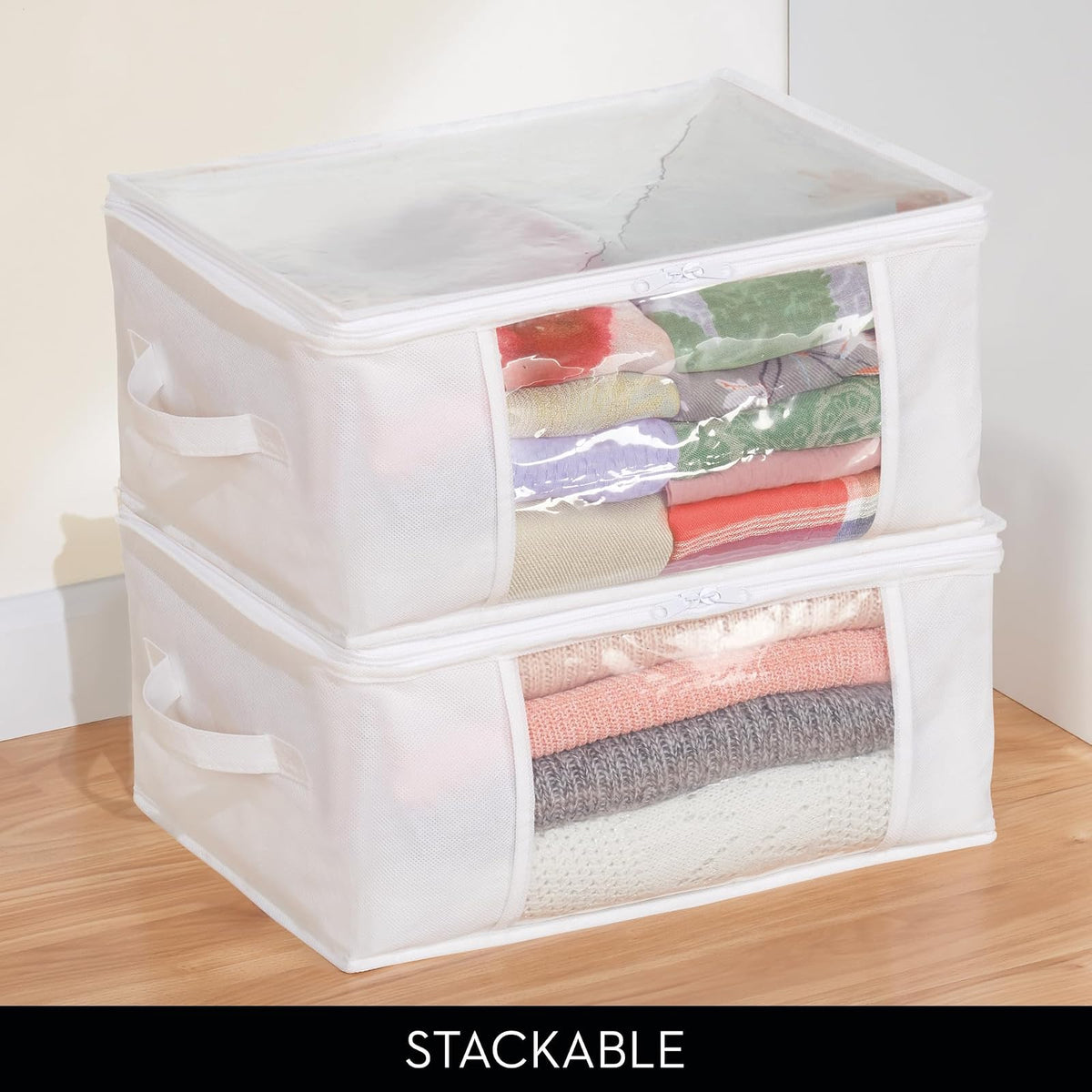 InterDesign 06260 Bolsas de cremallera de almacenamiento plegable de tela no tejida para ropa, Blanco, Grande, Paquete de 2