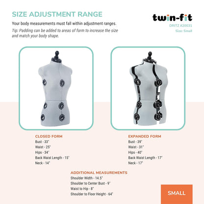 Dritz - Vestido ajustable de doble ajuste, talla S, tallas 4-10, maniquí de costura femenino con torso corporal pinnable, 13 esferas para un ajuste preciso y guía de dobladillo 360