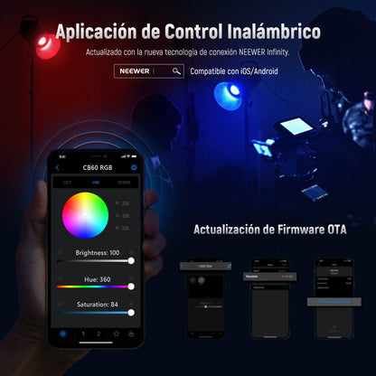 NEEWER CB60 RGB 70W Luz Vídeo LED, Bowens Mount COB Todo Color 18000Lux/1m CCT 2700K~6500K CRI97+ 17 Escenas de Iluminación App Control Iluminación Continua para Fotografía, Luz de Vídeo de Estudio
