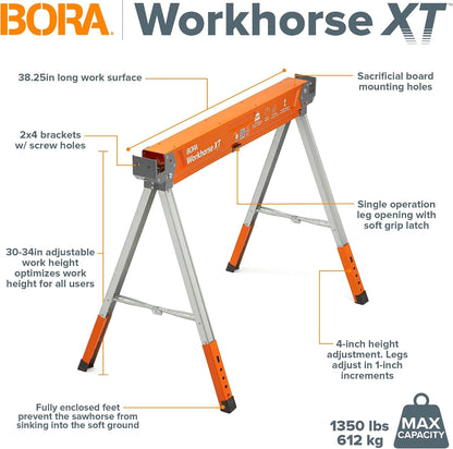 BORA Workhorse XT - Juego de 2 caballos de sierra plegables, resistentes, ajustables, altura ajustable, par de sawhorse con patas ajustables, caballo de sierra resistente para contratistas, banco de