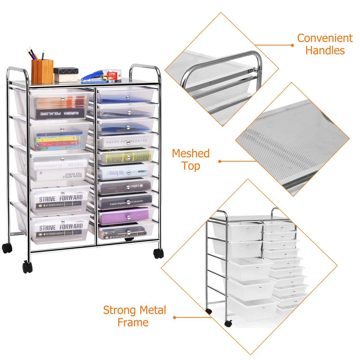 MEDIMALL - Carro de almacenamiento rodante de 15 cajones, carro de almacenamiento multiusos para manualidades con ruedas, herramientas móviles, álbum de recortes, papel