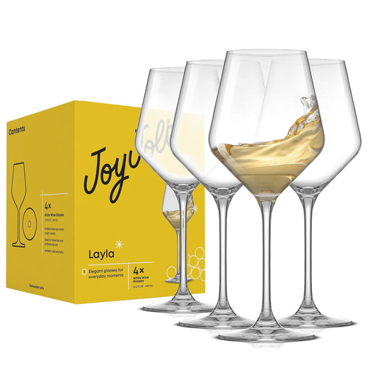 JoyJolt Layla - Juego de 4 copas de vino blanco, 13 onzas transparentes, fabricadas en Europa