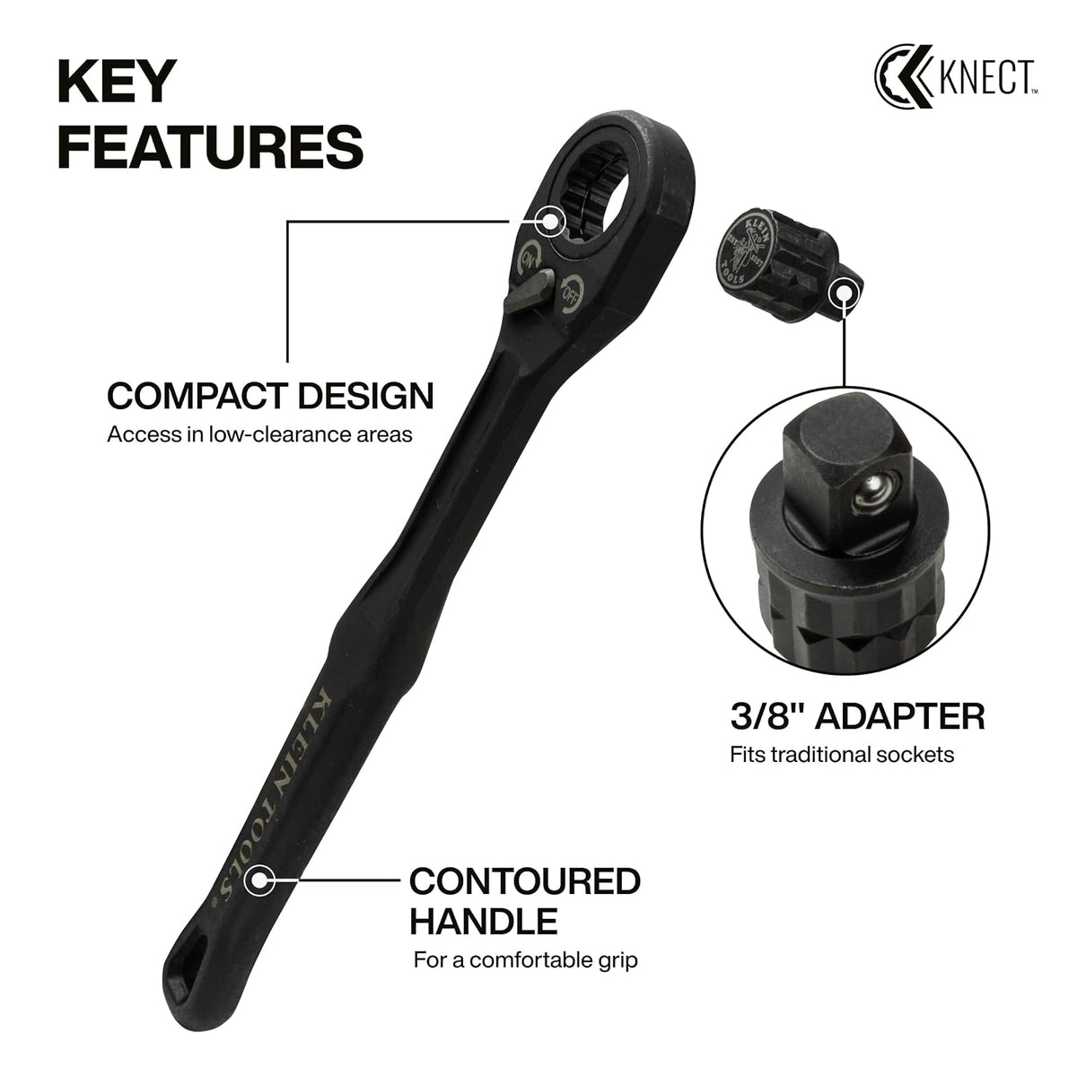 Klein Tools 65408ADP KNECT (M) - Juego de carraca y adaptador de enchufe de 3/8 pulgadas, llave de 90 dientes para varillas roscadas extendidas, agarre compacto y cómodo, compatibilidad de enchufe