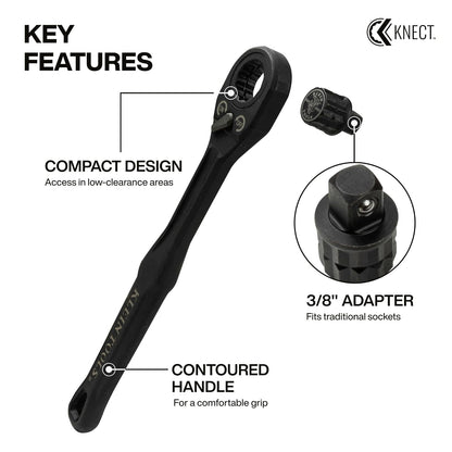 Klein Tools 65408ADP KNECT (M) - Juego de carraca y adaptador de enchufe de 3/8 pulgadas, llave de 90 dientes para varillas roscadas extendidas, agarre compacto y cómodo, compatibilidad de enchufe