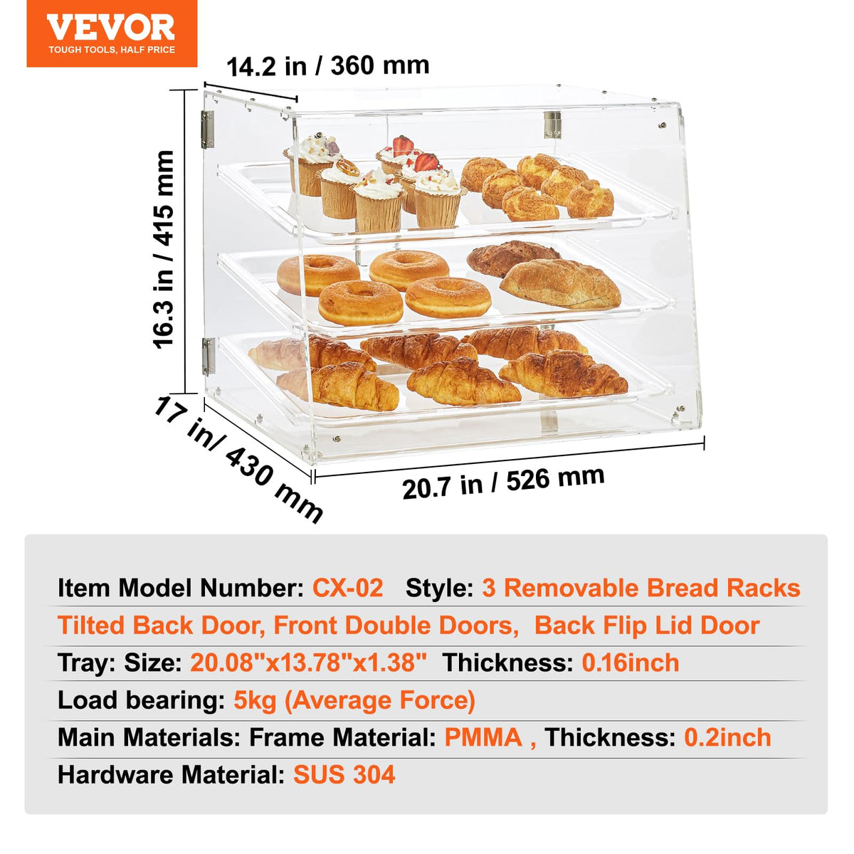VEVOR - Vitrina de repostería, 3 niveles, vitrina comercial de panadería, caja de exhibición de acrílico con acceso a la puerta trasera y estantes extraíbles, mantiene fresco para rosquillas, galletas