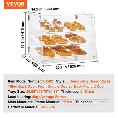 VEVOR - Vitrina de repostería, 3 niveles, vitrina comercial de panadería, caja de exhibición de acrílico con acceso a la puerta trasera y estantes extraíbles, mantiene fresco para rosquillas, galletas