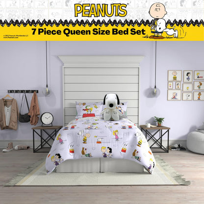 Franco - Juego de edredón de Snoopy, 7 Piezas, edredón, sábanas y Fundas de Almohada súper Suaves, Queen, Producto con Licencia 100% Oficial
