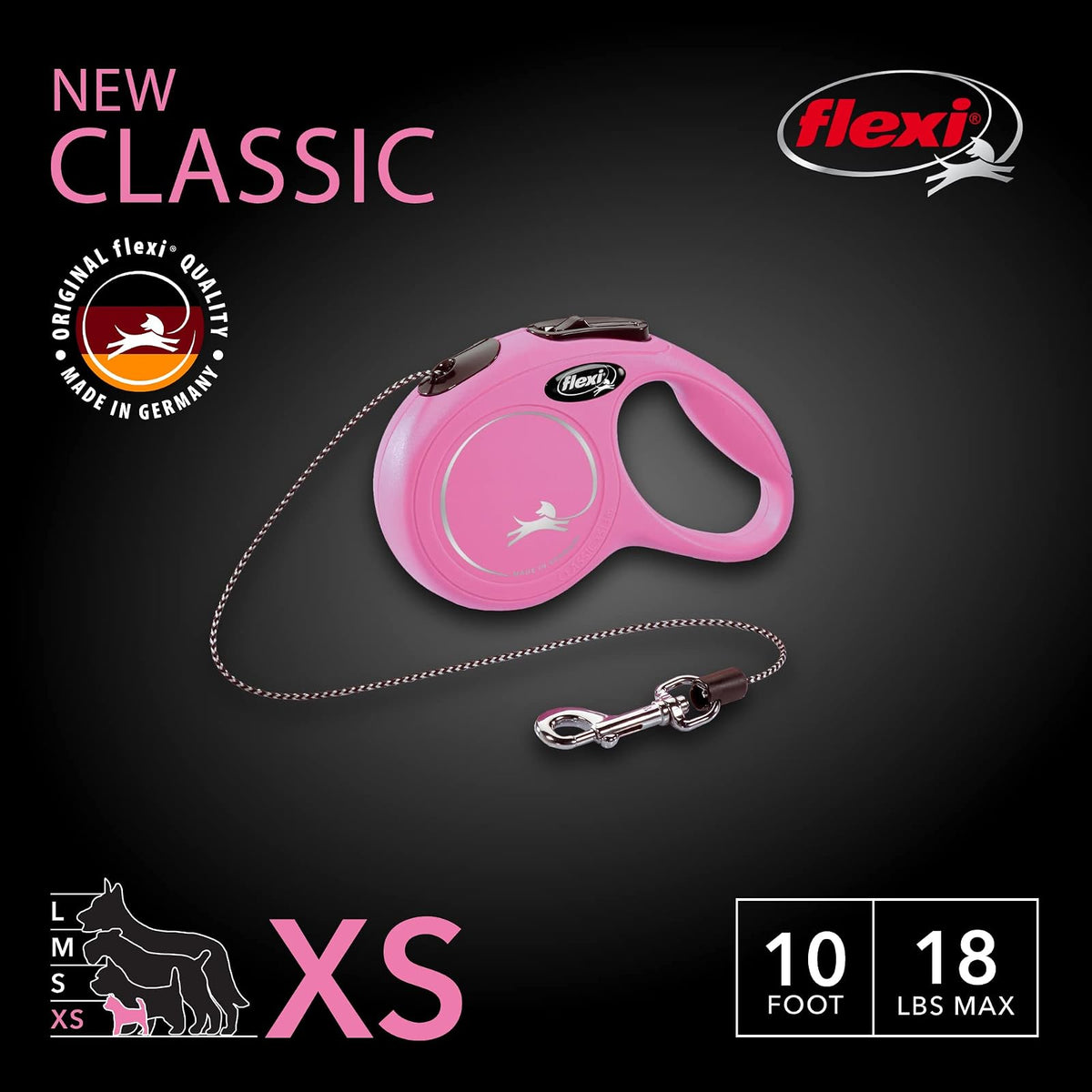 Flexi Correa retráctil clásica para Perro (Cuerda), para Perros de hasta 18 Libras, 10 pies, Extra pequeña, Rosa