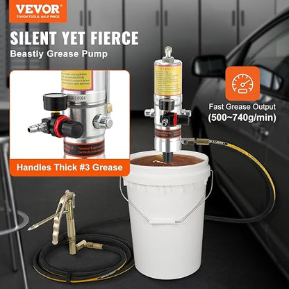 VEVOR Bomba de Grasa Neumática de Alta Presión, Relación de Presión 50:1 Bomba de Cubo Neumática con Manguera de 4 m y Pistola de Grasa, 125 x 115 x 680 mm, 0,6-0,8 MPa, -20 ℃ a 100 ℃, Negro