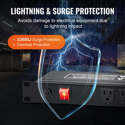 VEVOR - Tira de alimentación PDU Horizontal de 12 tomacorrientes de 1U para Racks de servidores de Red, protección contra sobretensiones y protección contra sobrecarga, 110-125V/15A, con Cable de