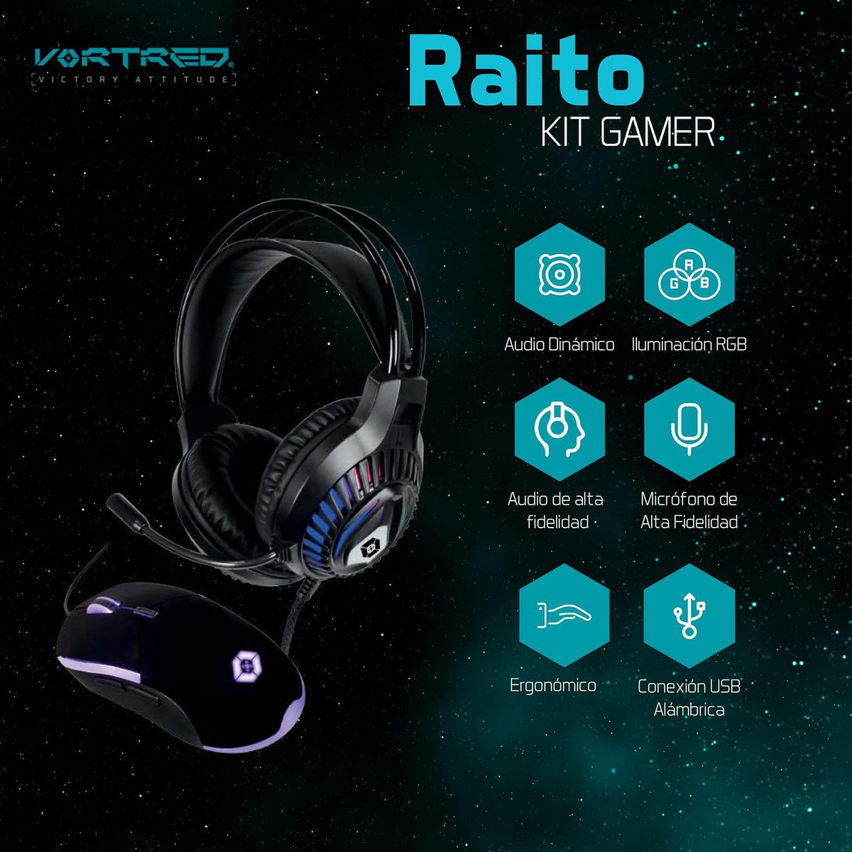 PERFECTCHOICE Kit Audifonos Alámbricos y Mouse Gamer Luz RGB V-930648 Negro Raito VORTRED