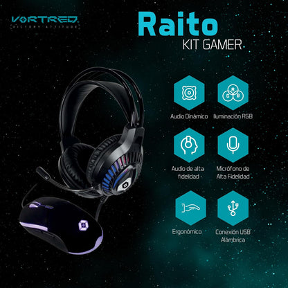 PERFECTCHOICE Kit Audifonos Alámbricos y Mouse Gamer Luz RGB V-930648 Negro Raito VORTRED