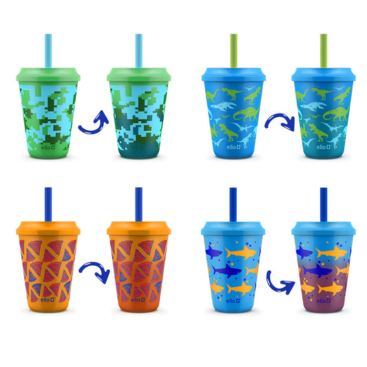 Ello Kids - Vasos de plástico reutilizables que cambian de color con tapas giratorias a prueba de salpicaduras y popote, sin BPA, apto para lavaplatos, 12 onzas, selva tropical, paquete de 4