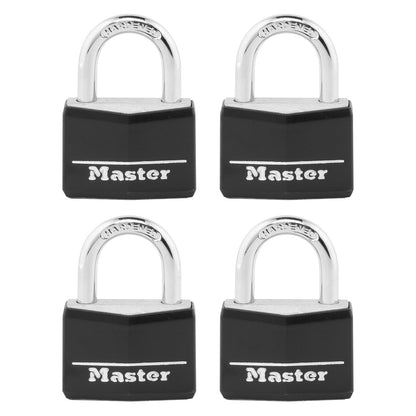 Master Lock 141Q Candado con llave de aluminio cubierto, paquete de 4, color negro