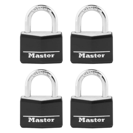 Master Lock 141Q Candado con llave de aluminio cubierto, paquete de 4, color negro