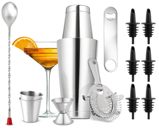nutrichef Mixology Bartender Cocktail Shaker Set - 15 30 oz Stainless Steel Cocktail Bar Set Mix Drink Shaker Kit - Essentials Martini Making Kit Drink Mixing Starter Set - NCCS15PC (15 Piece Set)