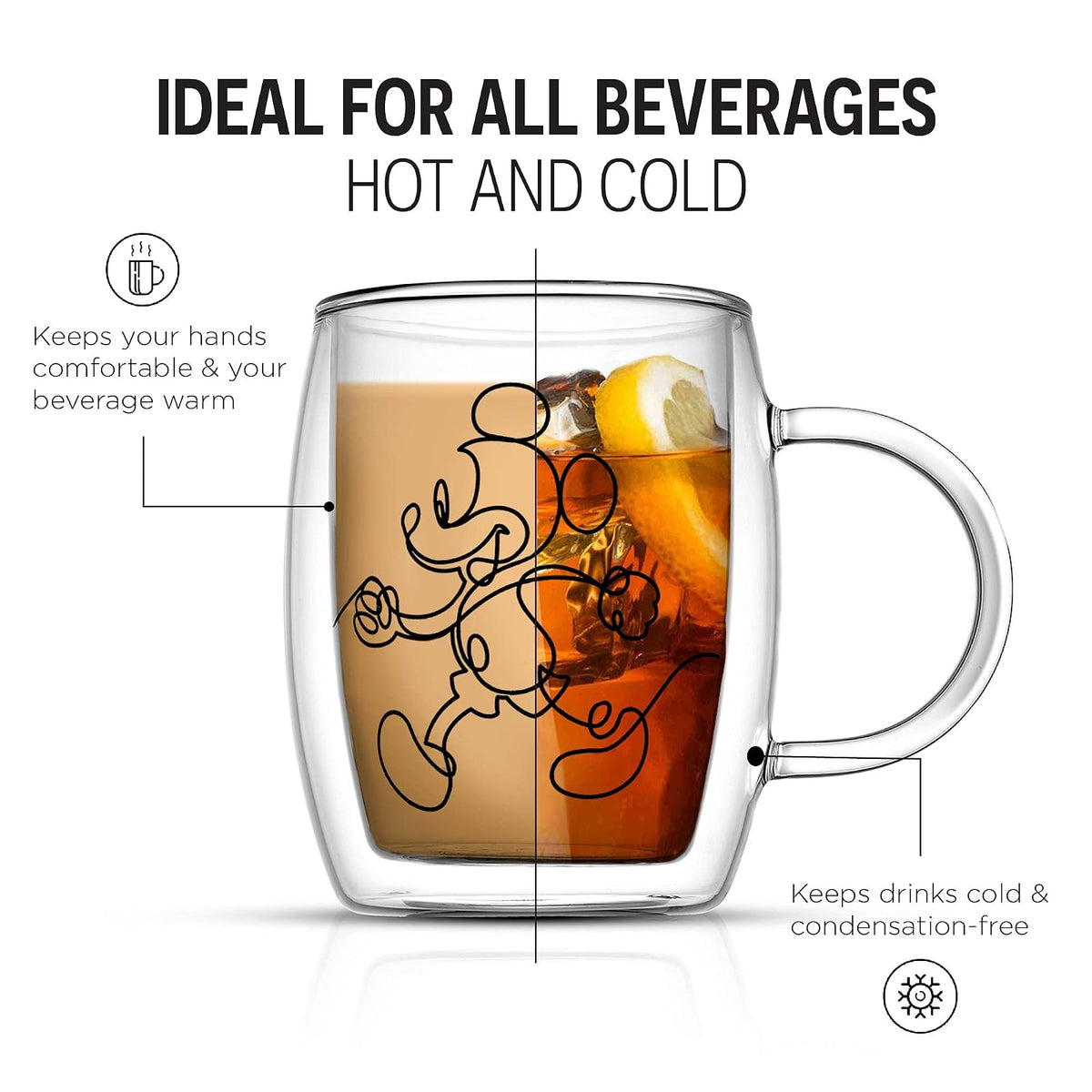 JoyJolt Aroma Disney Mickey Pluto Tazas Vidrio | Juego de 2 tazas, 13 oz, doble pared aisladas, vidrio borosilicato