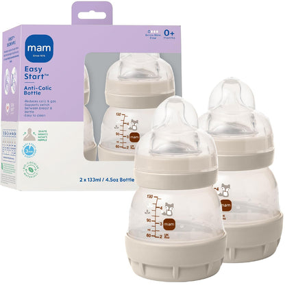 MAM Easy Start Biberón Anticólico 133 ml, Flujo Extra Lento, 2 Piezas - Cottonton - Paquete con 2