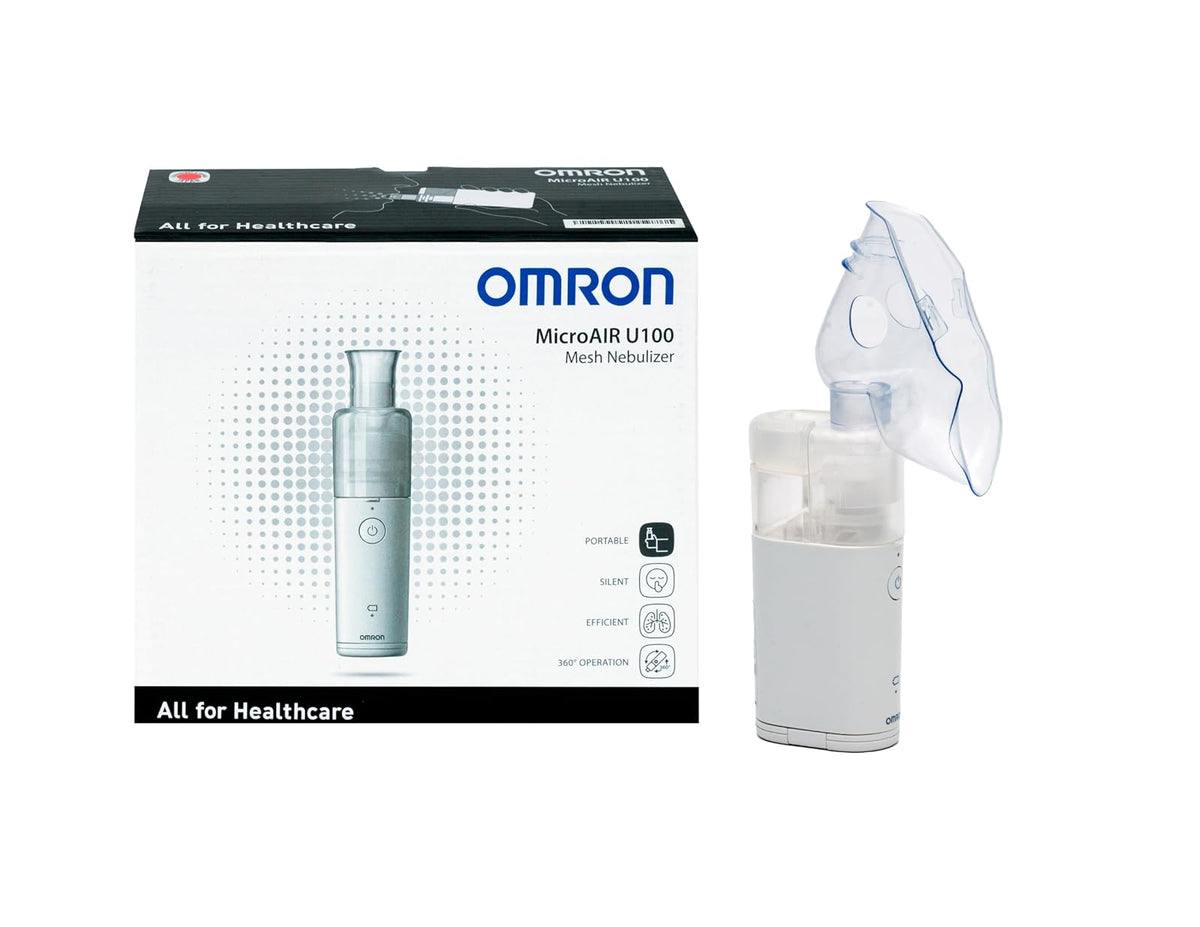 OMRON MicroAIR NE-U100 Nebulizador Portátil, Silencioso y Compacto | Tecnología Mesh, nebuliza en cualquier posición (360°). Tamaño bolsillo, 120 g. Uso con 2 pilas, aprox. 4 h. Garantía 3 años.