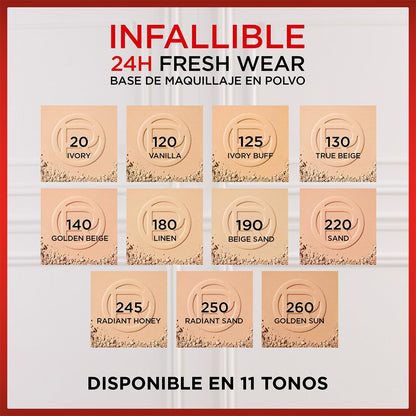 L'Oréal Paris Infallible 24H Fresh Wear, Base de Maquillaje en Polvo, Alta Cobertura con Acabado Mate, Larga Duración y Control de Brillo, Tono 180 Linen