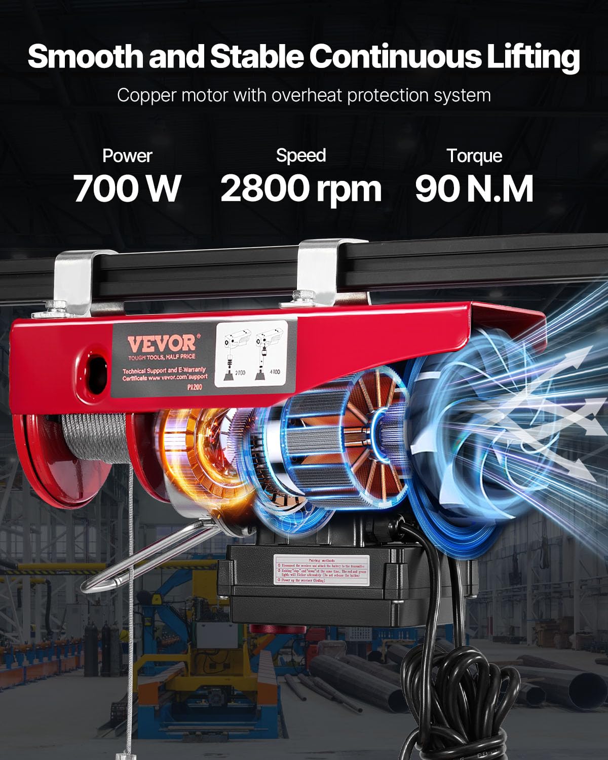 VEVOR - Polipasto eléctrico de 420 libras y 120 V con control remoto inalámbrico de 333 pies y cable de 15 pies, altura de elevación de un solo cable de 40 pies, eslingas individuales/dobles,