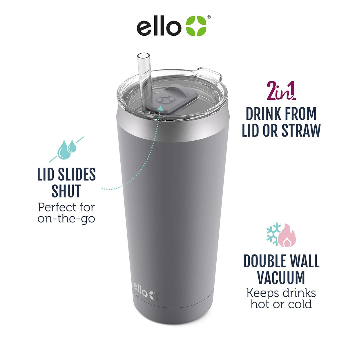 Ello Beacon Vaso de acero inoxidable aislado al aspiradora con tapa deslizante y popote opcional