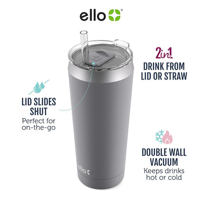 Ello Beacon Vaso de acero inoxidable aislado al aspiradora con tapa deslizante y popote opcional