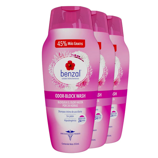 Benzal Jabón Íntimo Femenino, Odor Block, Protección 24h, 3 Pack 355ml