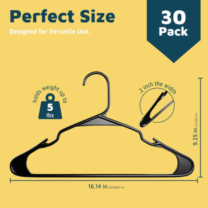 Plastic Clothes Hanger Set - 30 Pieces Versatile, Lightweight, Space-Saving, Non-Slip, Slim Designed, Dry and Wet Clothes Hanger Set - Black