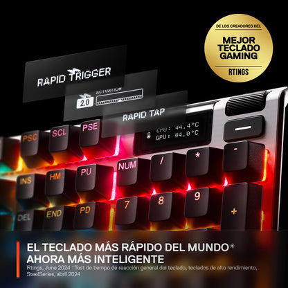 SteelSeries Apex Pro Gen 3 OmniPoint 3.0 Interruptores hipermagnéticos — Actuación Ajustable — Disparador rápido — Presets listos para el Juego — Modo de protección — Tap/SOCD — OLED — RGB — Teclas