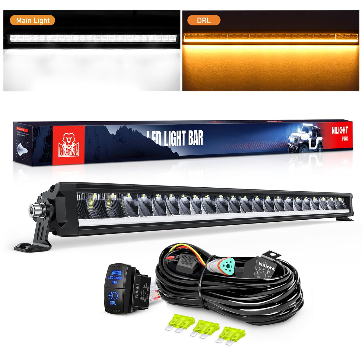 Nilight Barra LED 30 Pulgadas 120W DRL Ámbar IP68 Kit - 1 Pieza