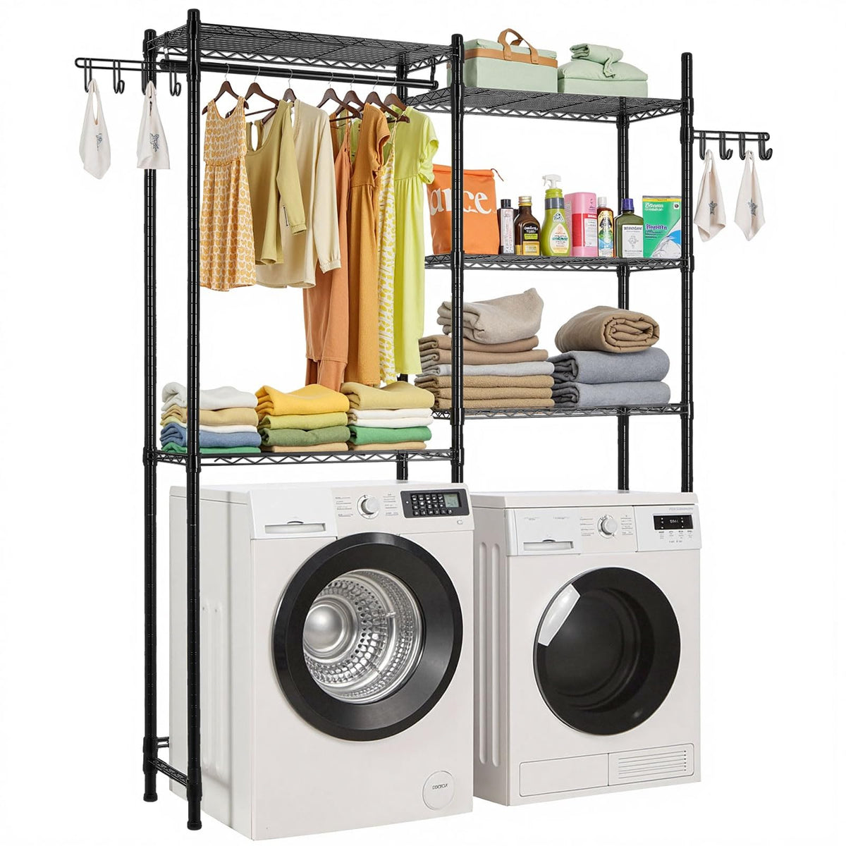 VEVOR - Estantería de Almacenamiento para Lavadora y Secadora, Estante de Secado de 5 Niveles con Barra de suspensión y Ganchos, Dos Filas Ajustables para Lavadora, Ahorro de Espacio, para - negro - 34 x 196.5 x 147 cm