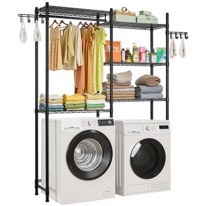 VEVOR - Estantería de Almacenamiento para Lavadora y Secadora, Estante de Secado de 5 Niveles con Barra de suspensión y Ganchos, Dos Filas Ajustables para Lavadora, Ahorro de Espacio, para - negro - 34 x 196.5 x 147 cm