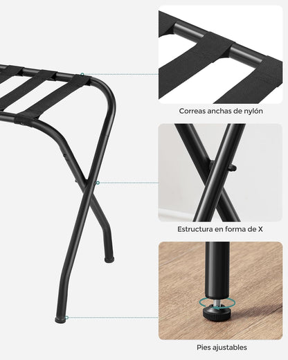 SONGMICS Portaequipaje con Marco de Acero, Juego de 2, Plegable, Soporte para Maletas con Correa Sólida, 69x40x55cm, Negro MRLR64B-2