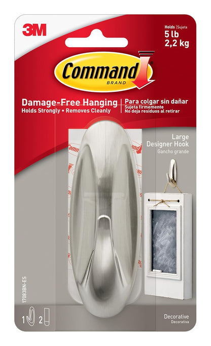 Command CLR-ES Gancho Grande Command | Soporta hasta 2.2 kg, Organiza sin dañar superficies, No requiere herramientas, Fácil de instalar, Fijación segura