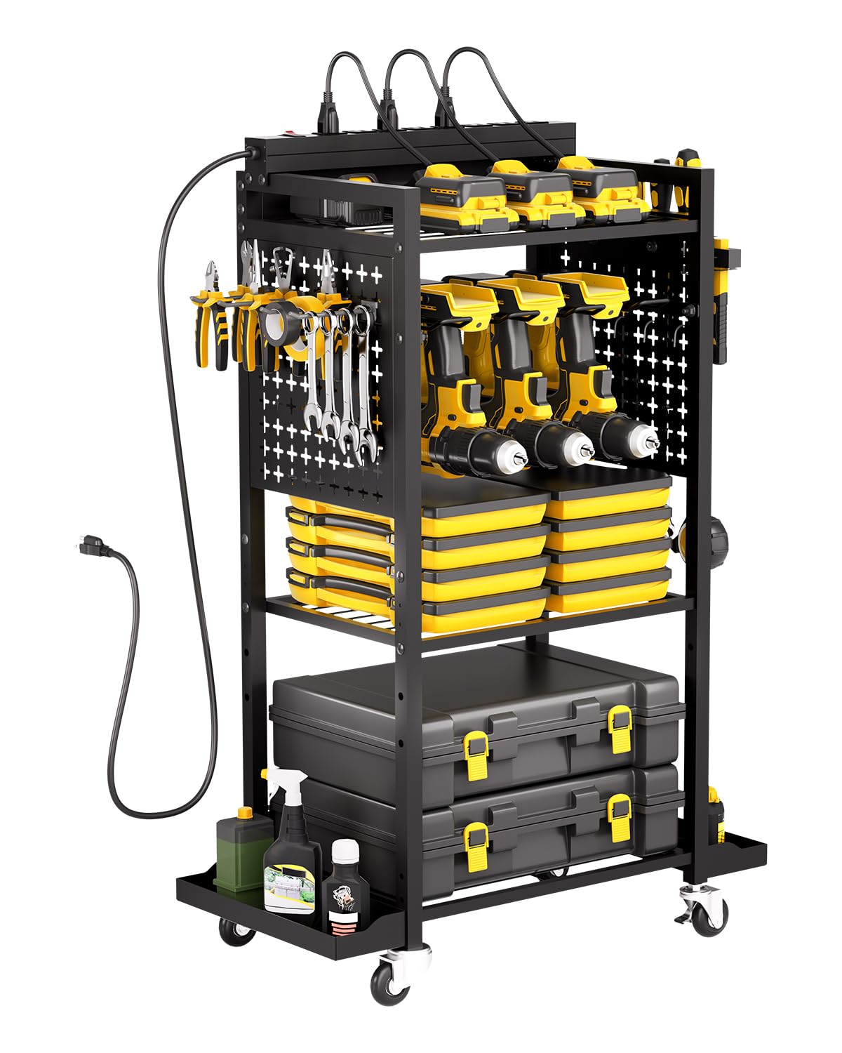 VEVOR Carrito Organizador de Herramientas de 4 Niveles con estación de Carga, 8 Tomas de CA, Soporte para Taladro con Ruedas y Soporte para batería de Herramientas con Ruedas, para Taller o Garaje
