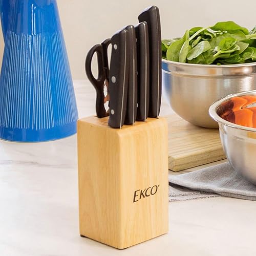 Ekco | Juego de Cuchillos Classic 6 Piezas Acero Inoxidable y Bloque Madera | Hoja completa, Bloque de madera, Tijeras multiusos, Cuchillos para cocina, Destapador integrado, Cascanueces