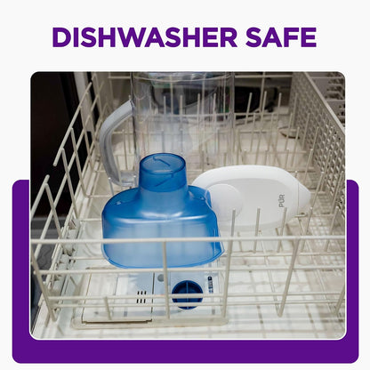 PUR - Jarra de agua de 7 tazas, 1 filtro original, limpiador, agua de gran sabor, apta para lavaplatos, potente, filtración más rápida, diseño de tapa LockFit, color blanco