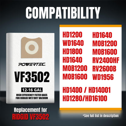 POWERTEC 23743 VF3502 - Bolsas de aspiradora tamaño A Shop para Ridgid paquete de 4, 12-16 galones Bolsas de aspiradora para Ridgid HD1200, HD1400 Wet Dry Vac (75002P2)