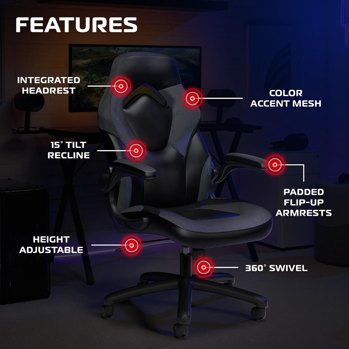 RESPAWN 3085 - Silla para Juegos - Silla para Jugadores y Oficina con reposacabezas Integrado, Bloqueo de inclinación e inclinación Ajustable, Color Gris