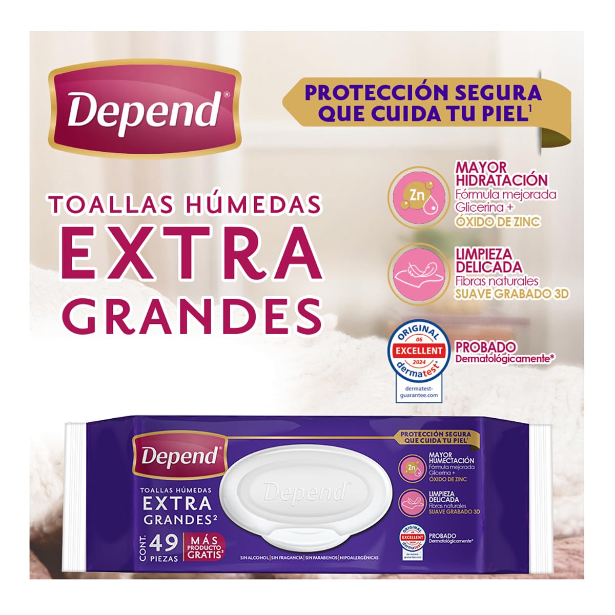 Depend Toallas Húmedas para Incontinencia, Caja con 756 toallas (18 paquetes de 49 toallas c/u), hipoalergénicas, extra grandes y sin alcohol