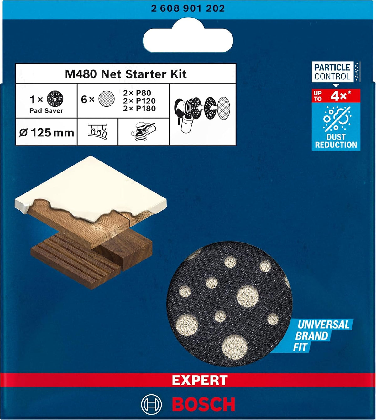 Bosch | Kit 6 Discos de lija | EXPERT M480 125mm + 1 plato | Para pintura sobre madera, madera dura, grano 2 x 80, 2 x 120, 2 x 180, accesorio profesional, lijadora orbital aleatoria